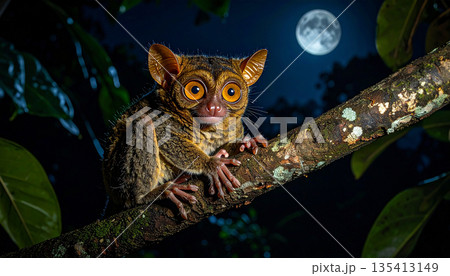 Tarsier Sitting on Tree Branch Tarsier Sitting on Tree Branch 135413149