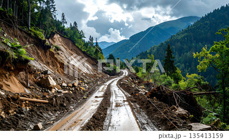 Landslide Damaging Mountain Road Landslide Damaging Mountain Road 135413159