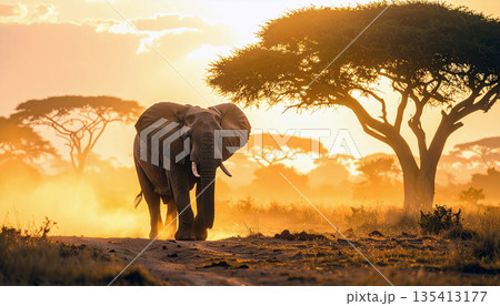 Elephant Walking at Sunset 135413177