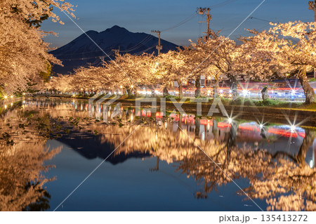 桜の名所 弘前公園の夜景 外濠のライトアップと水面に映る岩木山 135413272