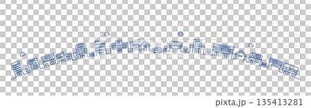 円弧に並ぶ線画の街並みイラスト素材｜丘の上の家と建物 ベクター素材 135413281