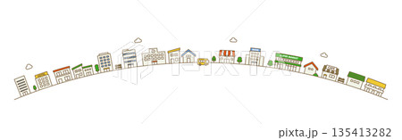 円弧に並ぶ街並みのイラスト素材｜丘の上の家と建物 ベクター素材 135413282
