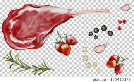 Meat watercolor set. Food clip art. Beef steak on a white background with rosemary, garlic, and three types of pepper. Perfect for butcher shop signs, restaurant menus, and steakhouses. Meat watercolor set. Food clip art. Beef steak on a white background with rosemary, garlic, and three types of pepper. Perfect for butcher shop signs, restaurant menus, and steakhouses. 135413378