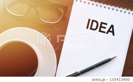 IDEA - text on paper with cup of coffee and glasses on wooden background in sinlight. IDEA - text on paper with cup of coffee and glasses on wooden background in sinlight. 135413400