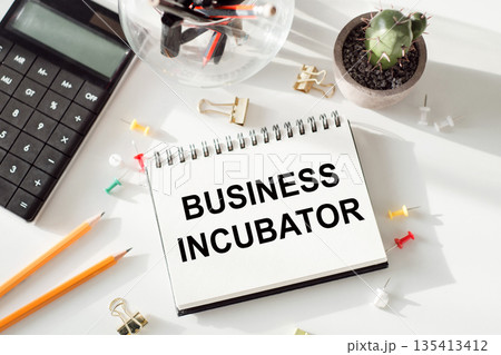 Business Incubator. Text in open notepad lying on office desk next to calculator, pencils and cactus. Business Incubator. Text in open notepad lying on office desk next to calculator, pencils and cactus. 135413412