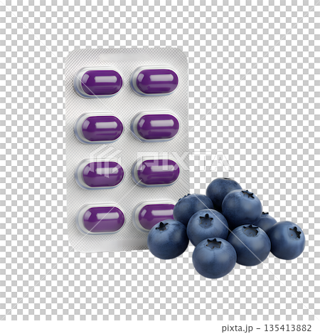 Blueberry supplement capsules next to handful of fresh blueberries, representing natural health, antioxidants, and brain-boosting nutrition Blueberry supplement capsules next to handful of fresh blueberries, representing natural health, antioxidants, and brain-boosting nutrition 135413882