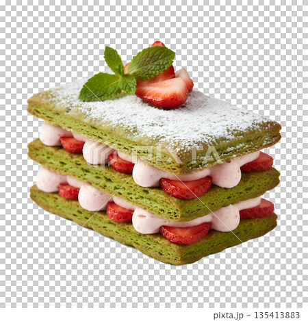 French mille-feuille pastry layered with matcha cream, fresh strawberries, and powdered sugar, isolated on transparent background French mille-feuille pastry layered with matcha cream, fresh strawberries, and powdered sugar, isolated on transparent background 135413883