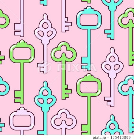 Seamless vector pattern with cute cartoon Keys. Pastel pink Texture for textile, wallpaper and backdrop Seamless vector pattern with cute cartoon Keys. Pastel pink Texture for textile, wallpaper and backdrop 135413899