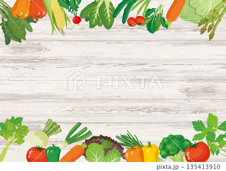 野菜フレーム　横長　木目背景とナチュラル野菜の飾り枠 135413910