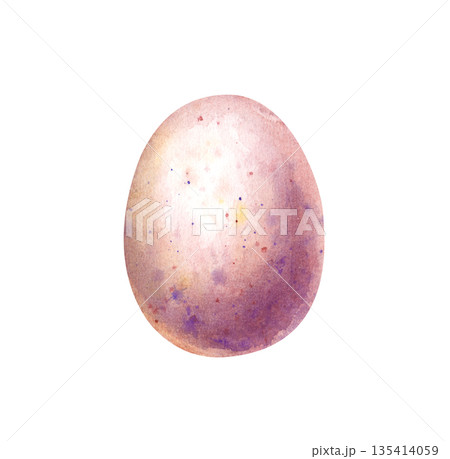 A single pink egg with splashes of paint on an isolated background. Watercolor illustration of a painted chicken egg. Realistic clipart for Easter holiday decoration. The symbol of Easter. A single pink egg with splashes of paint on an isolated background. Watercolor illustration of a painted chicken egg. Realistic clipart for Easter holiday decoration. The symbol of Easter. 135414059