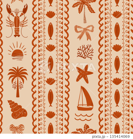 Brown tropical striped seamless pattern with summer vacation elements. Vector hand drawn boho sea print. 135414069