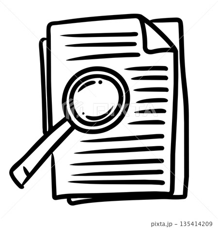 hand drawn black and white doodle illustration of a magnifying glass hovering over a stack of documents. hand drawn black and white doodle illustration of a magnifying glass hovering over a stack of documents. 135414209