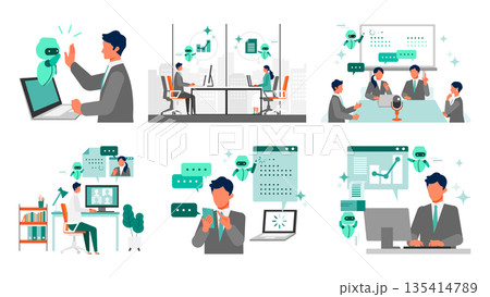 AIアシスタントが会議を要約・文書化するテレワークとオンラインミーティングのビジネスシーンセット 135414789