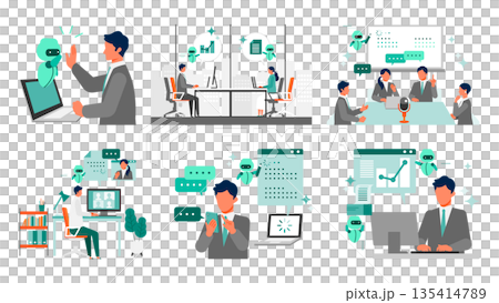 AIアシスタントが会議を要約・文書化するテレワークとオンラインミーティングのビジネスシーンセット 135414789