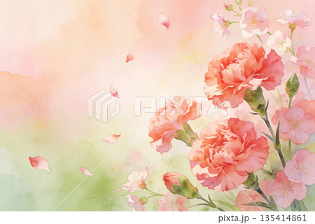 淡いピンクのカーネーションが彩る水彩風の春背景素材 135414861