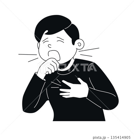 Boy Coughing - Black and White Flat Design Illustration 135414905