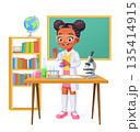 Cute African-American school girl making experiment in chemistry class. Cartoon vector illustration. 135414915