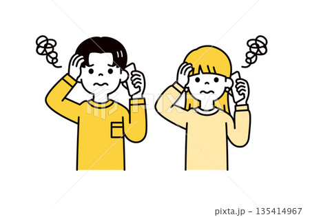 スマホで通話しながら頭を抱える、10代・20代の男性と女性・学生のベクターイラスト素材セット 135414967