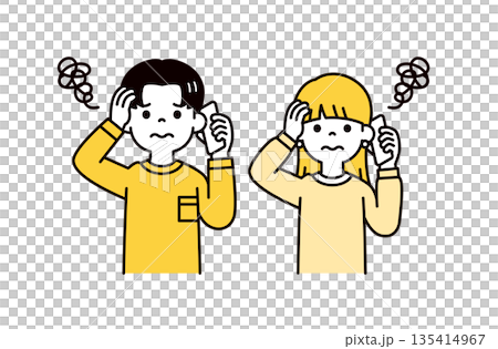 スマホで通話しながら頭を抱える、10代・20代の男性と女性・学生のベクターイラスト素材セット 135414967