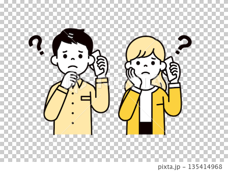 スマホで会話しながら疑問に思う、20代・30代の男性と女性・夫婦のベクターイラスト素材セット 135414968