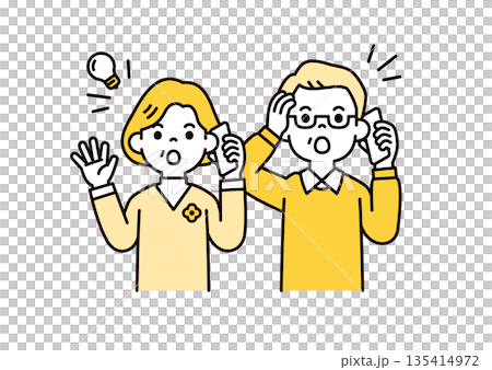 一組向量插圖素材，描繪了爺爺奶奶使用智慧型手機通話，並意識到和回憶的事情。 135414972