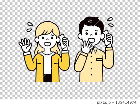 焦った様子でスマートフォンで会話する、若いビジネスパーソンのベクターイラスト素材セット 焦った様子でスマートフォンで会話する、若いビジネスパーソンのベクターイラスト素材セット 135414974