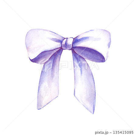Beautiful light bow made of wide ribbon for festive decoration. Watercolor illustration on an isolated background. A clipart with realistic decorations for making gifts, postcards, and invitations. Beautiful light bow made of wide ribbon for festive decoration. Watercolor illustration on an isolated background. A clipart with realistic decorations for making gifts, postcards, and invitations. 135415095
