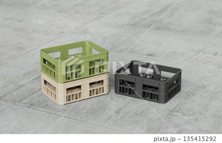 Stackable Modular Plastic Storage Crates. 3D Rendering. Stackable Modular Plastic Storage Crates. 3D Rendering. 135415292