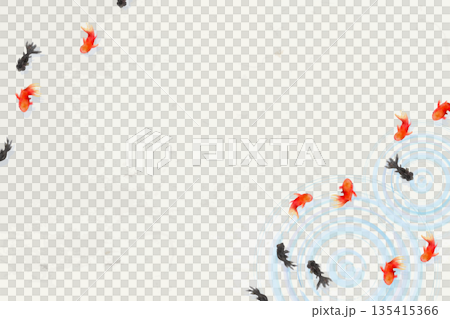 Top view of goldfish, leaves, and ripples on the water surface - Minimalist Japanese-style illustration (washi paper texture) Top view of goldfish, leaves, and ripples on the water surface - Minimalist Japanese-style illustration (washi paper texture) 135415366