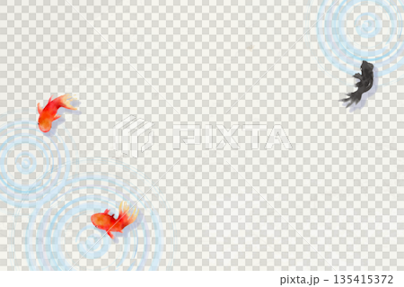 俯視圖：金魚、樹葉和水面漣漪－極簡日式插畫（和紙紋理） 135415372