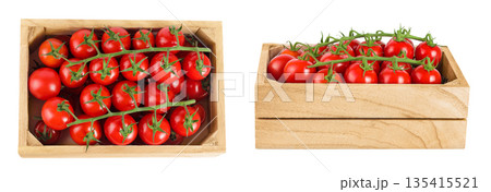 Cherry tomato bunch in a wooden box isolated on white background. Top view. Flat lay Cherry tomato bunch in a wooden box isolated on white background. Top view. Flat lay 135415521