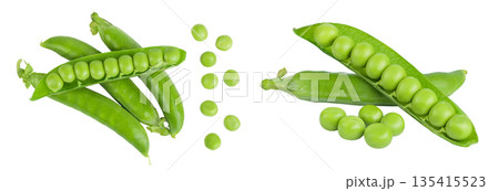 Fresh green pea pod with beans isolated on white background. Top view. Flat lay 135415523