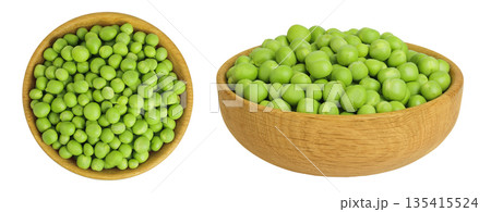 Fresh green peas in wooden bowl isolated on white background. Top view. Flat lay Fresh green peas in wooden bowl isolated on white background. Top view. Flat lay 135415524