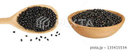Black bean or Urad dal, black gram, vigna mungo in wooden spoon and bowl isolated on the white background. Top view. Flat lay. Black bean or Urad dal, black gram, vigna mungo in wooden spoon and bowl isolated on the white background. Top view. Flat lay. 135415534