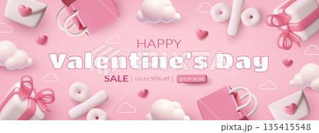 Valentine's Day sale banner with 3d hearts clouds gift bags and boxes on romantic pink background 135415548
