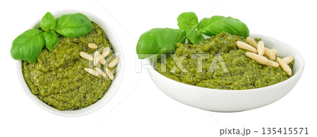 Pesto sauce in ceramic bowl isolated on white background. Top view. Flat lay. 135415571