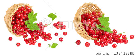 Red currant berries in a wicker basket with leaf isolated on white background 135415599