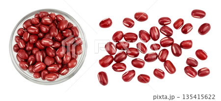 Red adzuki beans in glass bowl isolated on white background. Top view. Flat lay. Red adzuki beans in glass bowl isolated on white background. Top view. Flat lay. 135415622