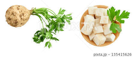Fresh celery root with leaf isolated on white background. Top view. Flat lay Fresh celery root with leaf isolated on white background. Top view. Flat lay 135415626