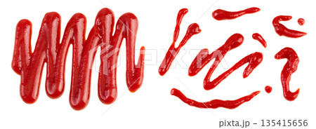 Red tomato sauce or ketchup isolated on white background . Top view. Flat lay Red tomato sauce or ketchup isolated on white background . Top view. Flat lay 135415656