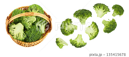 fresh broccoli in wicker basket isolated on white background close-up with full depth of field. Top view. Flat lay 135415678
