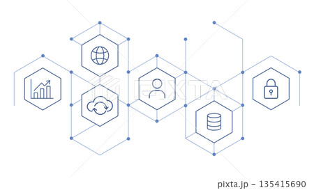 Abstract hexagon network icons representing blockchain, cloud computing and data security Abstract hexagon network icons representing blockchain, cloud computing and data security 135415690