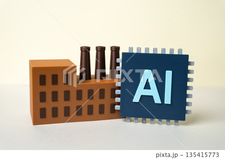 AI-powered factory and microchip. Automation and modernization of production with the introduction of artificial intelligence. Smart manufacturing, efficiency growth and Industry innovation 135415773