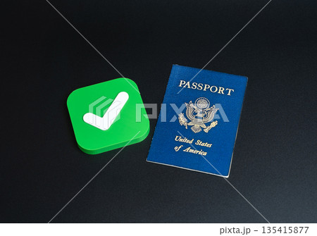 American USA passport and approval check mark. Permission to enter or exit. Permission for citizens to enter the country of arrival. Approval for obtaining a passport or citizenship. American USA passport and approval check mark. Permission to enter or exit. Permission for citizens to enter the country of arrival. Approval for obtaining a passport or citizenship. 135415877