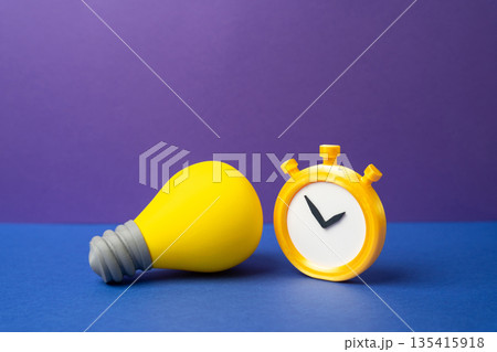A light bulb, an idea, and a stopwatch. The relevance of the idea. Creativity and inspiration. Electricity supply schedule. Timing of innovation, deadline pressure, dependence on stable infrastructure 135415918