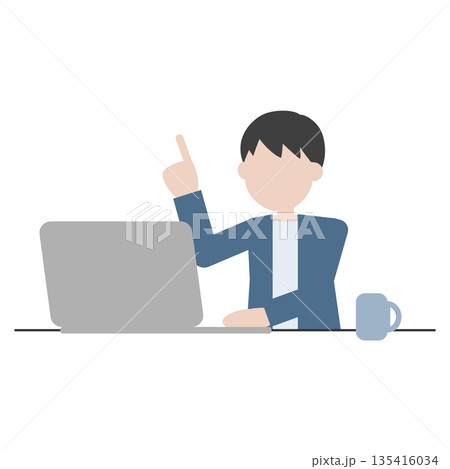 パソコン作業中に指差しで説明する男性のイラスト・ひらめき パソコン作業中に指差しで説明する男性のイラスト・ひらめき 135416034
