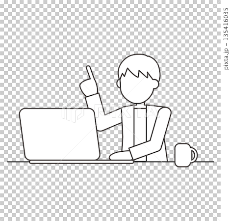 パソコン作業中に指差しで説明する男性の線画イラスト パソコン作業中に指差しで説明する男性の線画イラスト 135416035