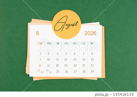 August 2026 calendar page on green background. August 2026 calendar page on green background. 135416119