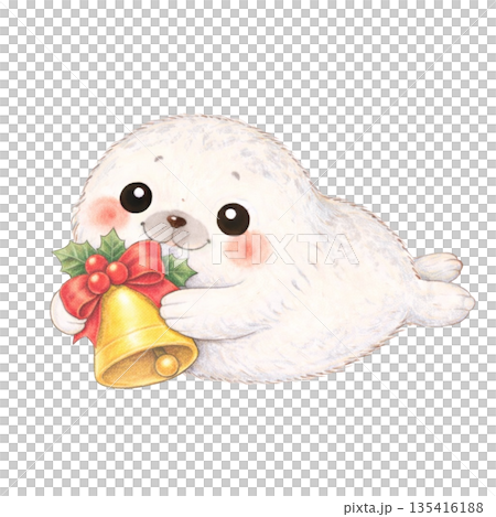 [Christmas] Colored pencil illustration of a baby seal holding a bell 135416188