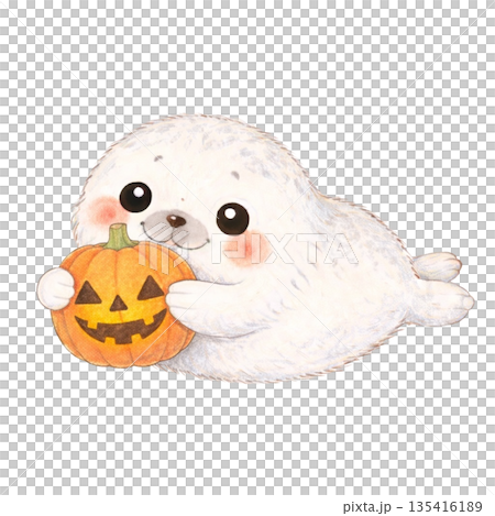 [Halloween] Colored pencil illustration of a baby seal holding a jack-o'-lantern 135416189